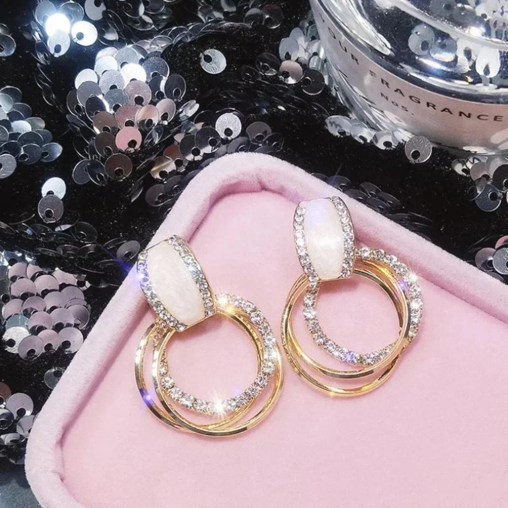 Gold & Pink Acrylic Diamond Hoop Stud Earrings